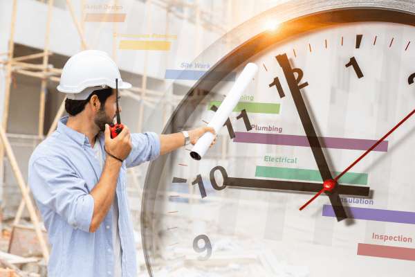 Construction worker on a radio beside a clock, representing years of on-site experience