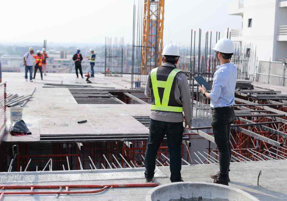 Site team reviewing work together on a construction project