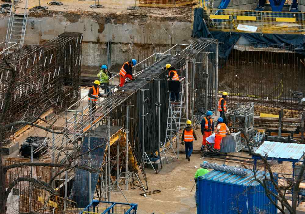 Foundation construction site with crews working in an excavation